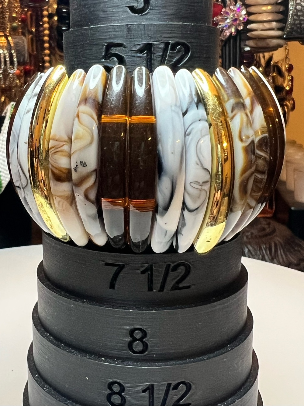Marbled White & Brown Stretch Bracelet with Gold Accents